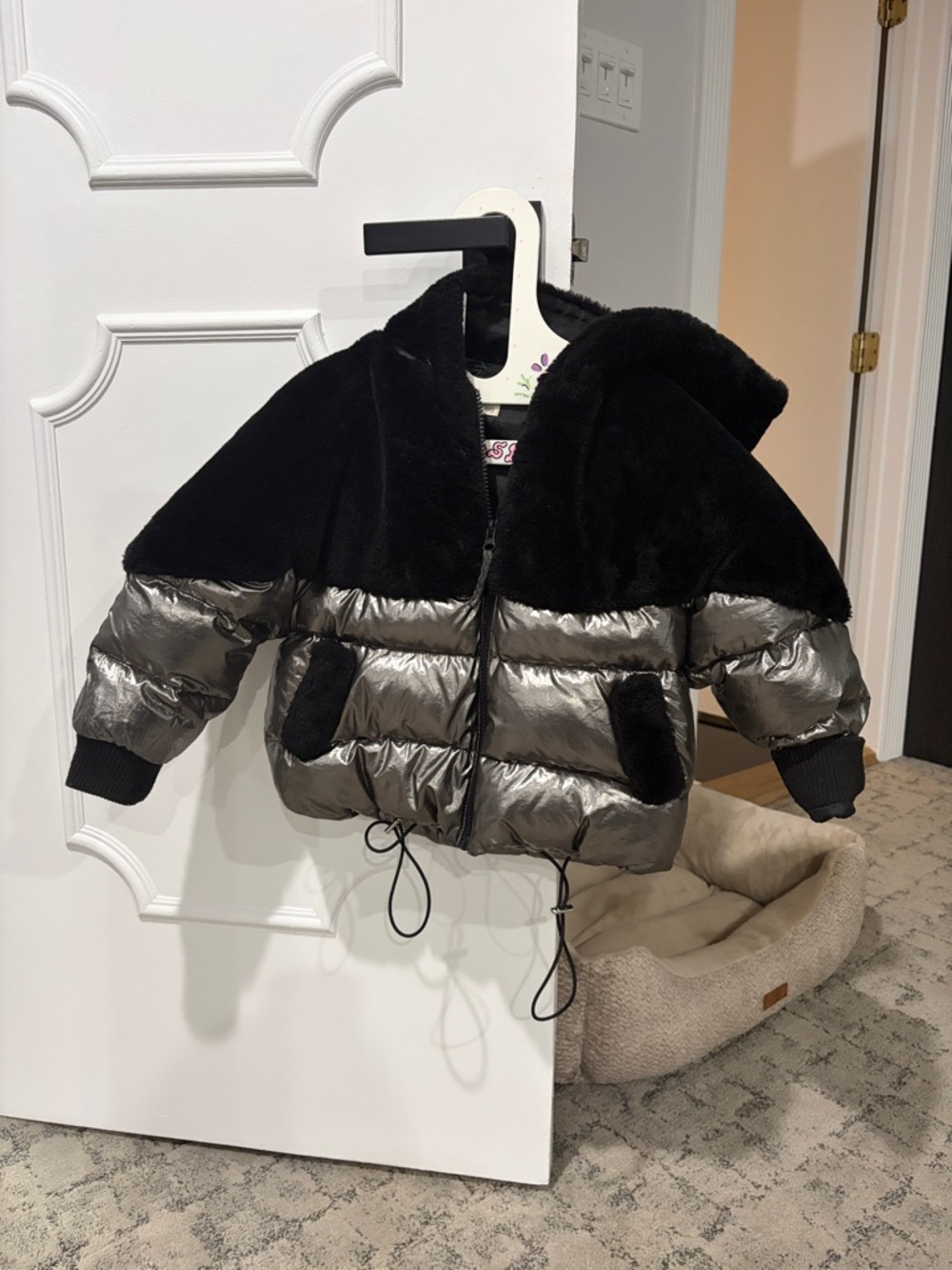 Kids Metallic Black Hooded Puffer Jacket with Faux-Fur Trim